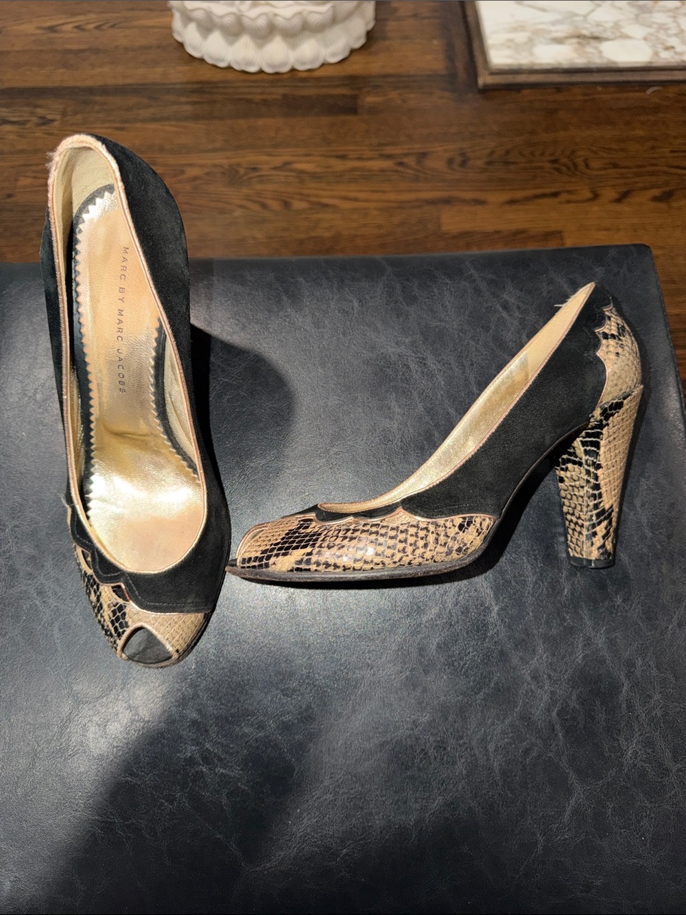 Marc by Marc Jacobs Black Suede & Snake-Print Peep Toe Heels